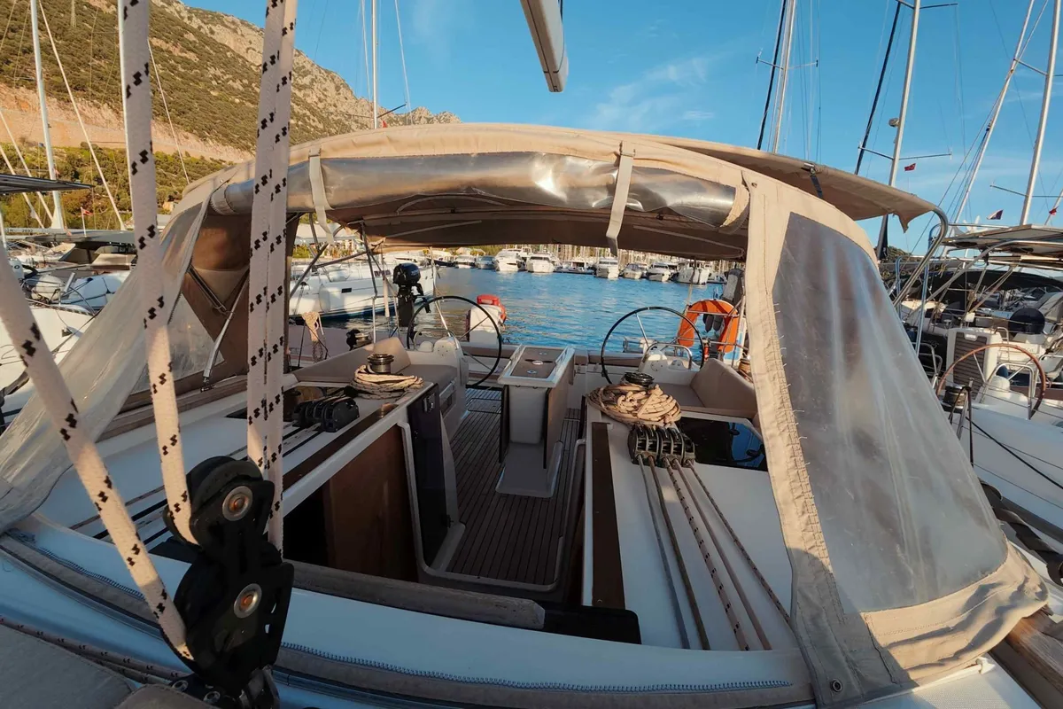 Oykum, a Dufour 412 Grand large sailboat at Kaş, Turkey