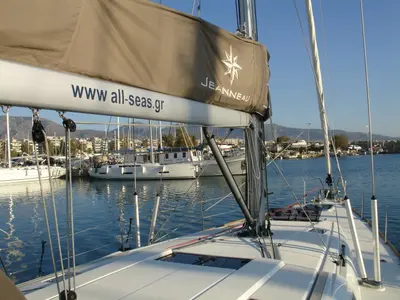 Deck of Ataraxia, a Jeanneau Sun Odyssey 519 sailboat at Athens, Greece