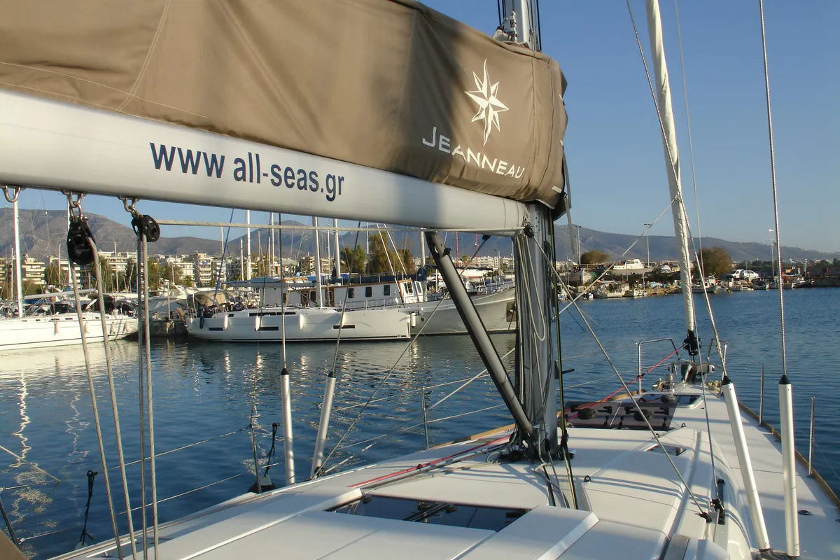 Deck of Ataraxia, a Jeanneau Sun Odyssey 519 sailboat at Athens, Greece