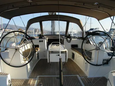 Cockpit of Ataraxia, a Jeanneau Sun Odyssey 519 sailboat at Athens, Greece