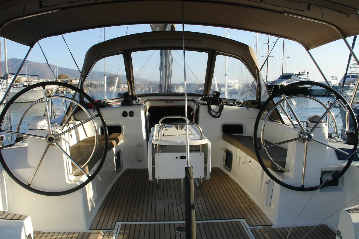 Cockpit of Ataraxia, a Jeanneau Sun Odyssey 519 sailboat at Athens, Greece