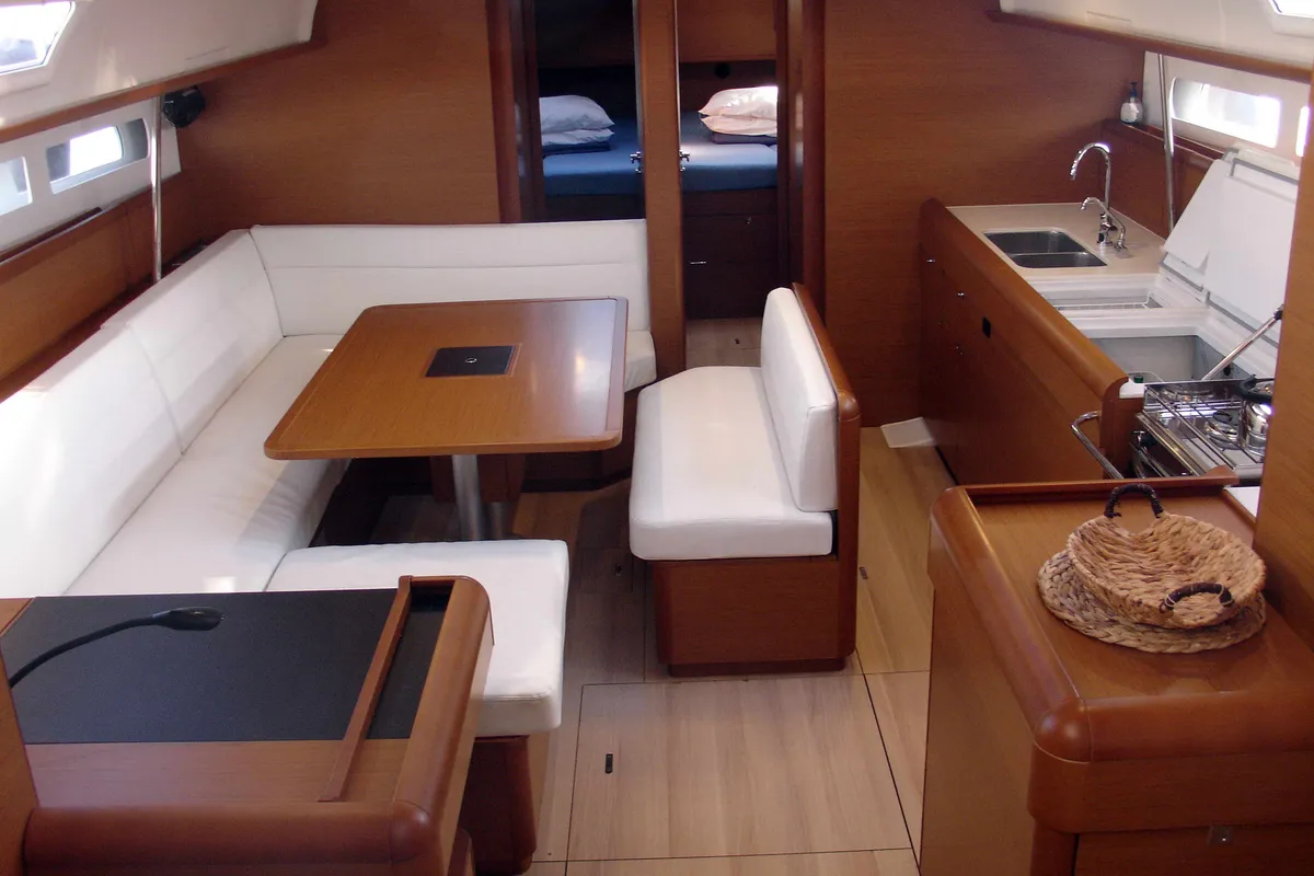 Salon of Ataraxia, a Jeanneau Sun Odyssey 519 sailboat at Athens, Greece