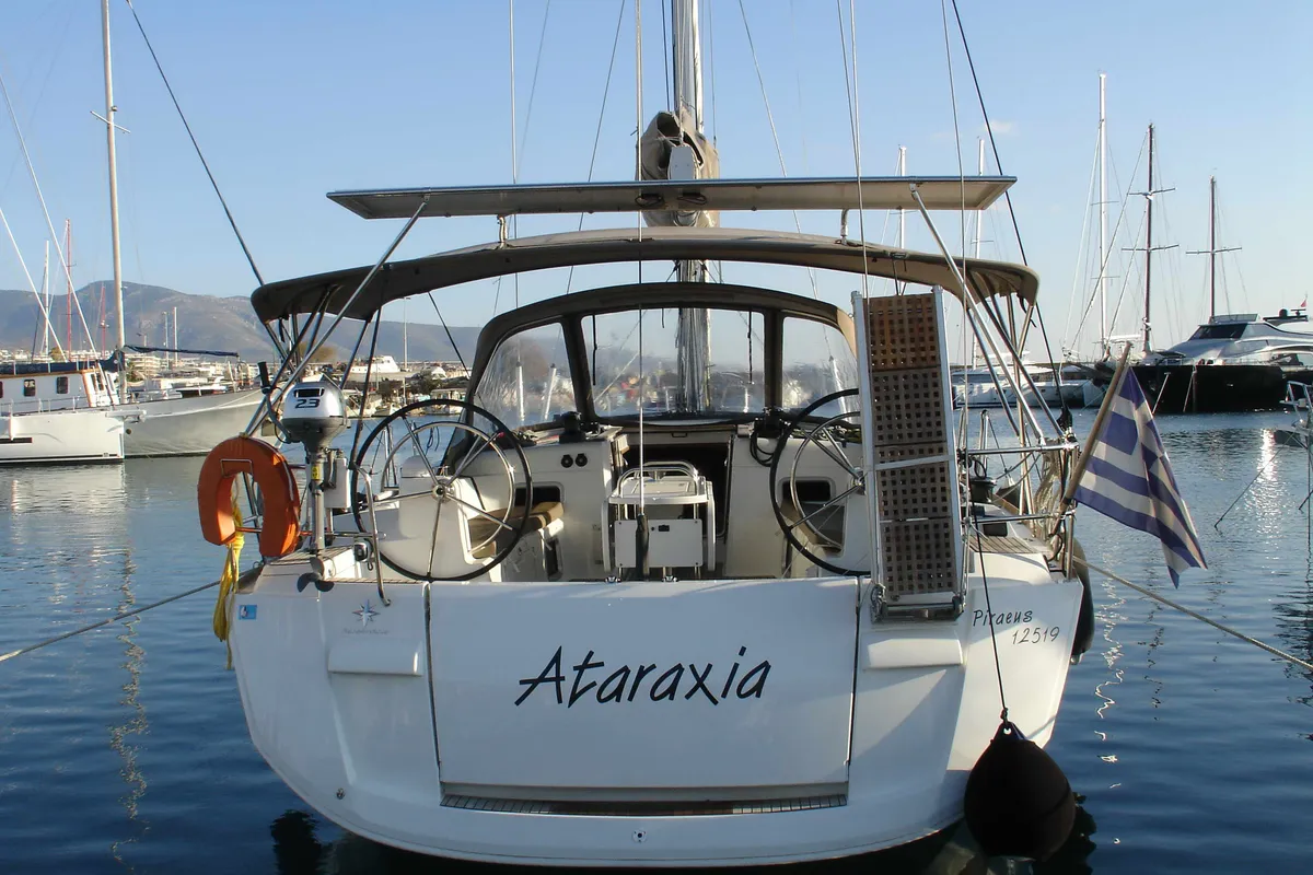 Exterior view of Ataraxia, a Jeanneau Sun Odyssey 519 sailboat at Athens, Greece