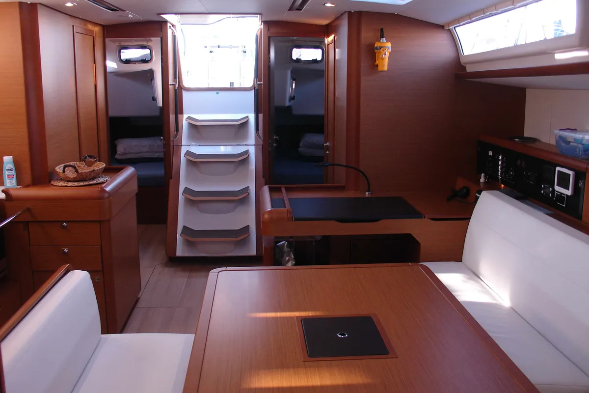 Salon of Ataraxia, a Jeanneau Sun Odyssey 519 sailboat at Athens, Greece