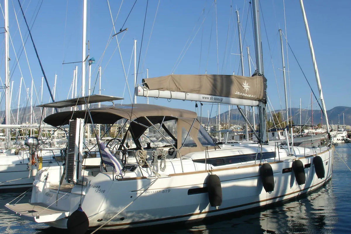 Exterior view of Ataraxia, a Jeanneau Sun Odyssey 519 sailboat at Athens, Greece