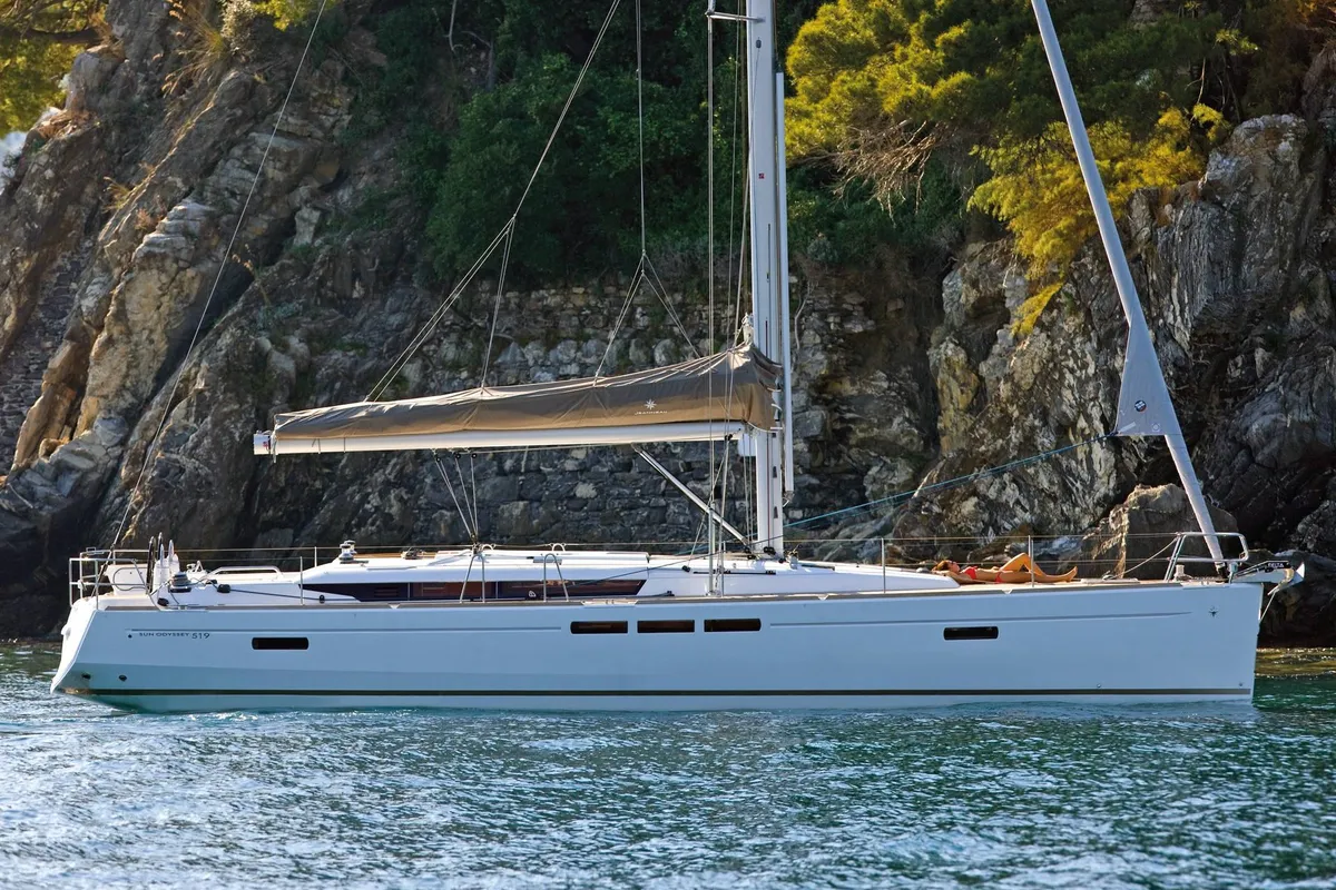 Exterior view of Ataraxia, a Jeanneau Sun Odyssey 519 sailboat at Athens, Greece