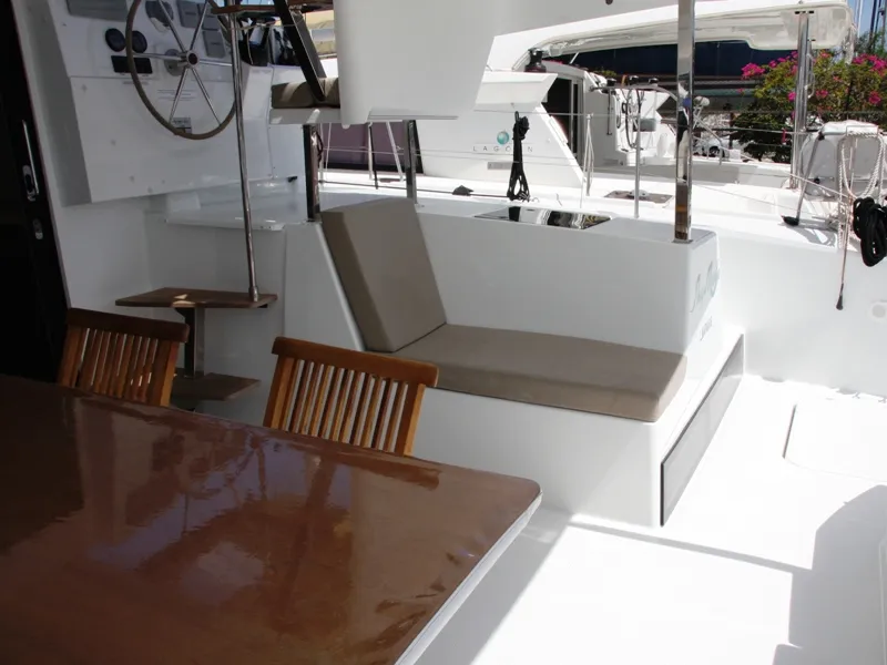 Deck of Sky Maria, a Fountaine Pajot Lucia 40 catamaran at Marmaris, Turkey