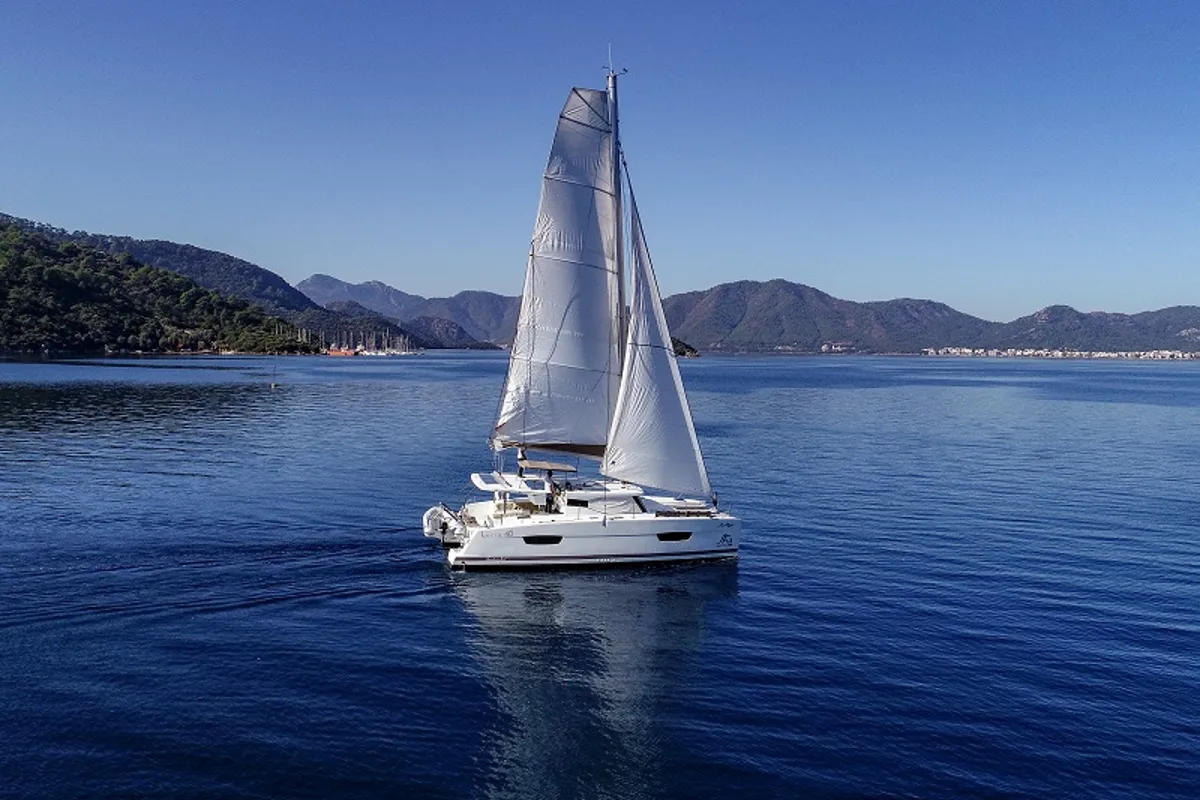 Exterior view of Sky Maria, a Fountaine Pajot Lucia 40 catamaran at Marmaris, Turkey