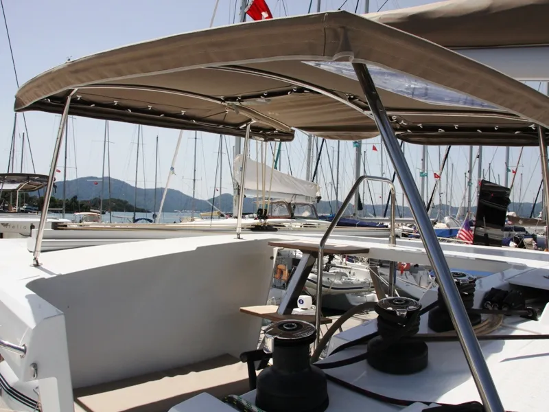 Cockpit of Sky Maria, a Fountaine Pajot Lucia 40 catamaran at Marmaris, Turkey