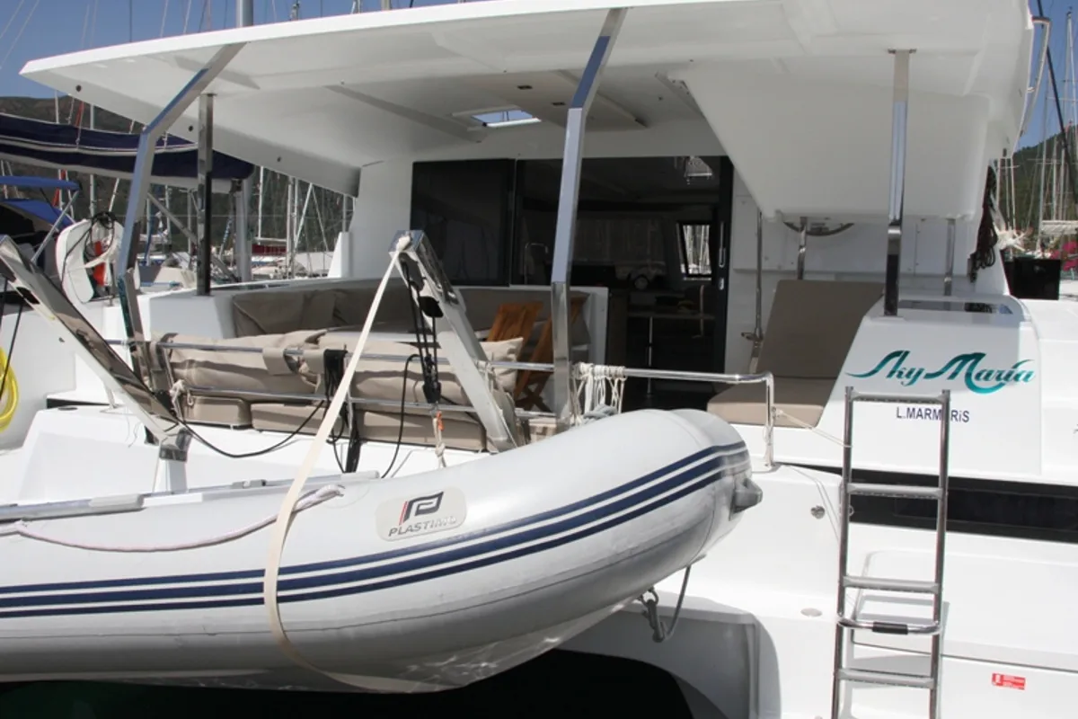 Deck of Sky Maria, a Fountaine Pajot Lucia 40 catamaran at Marmaris, Turkey