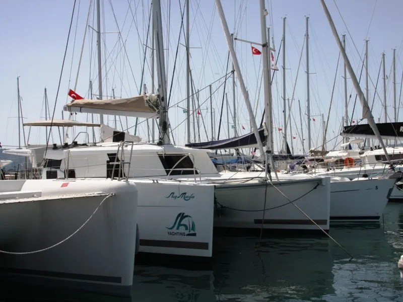 Exterior view of Sky Maria, a Fountaine Pajot Lucia 40 catamaran at Marmaris, Turkey