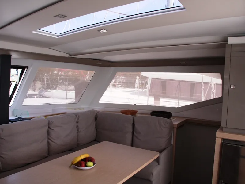 Salon of Sky Maria, a Fountaine Pajot Lucia 40 catamaran at Marmaris, Turkey
