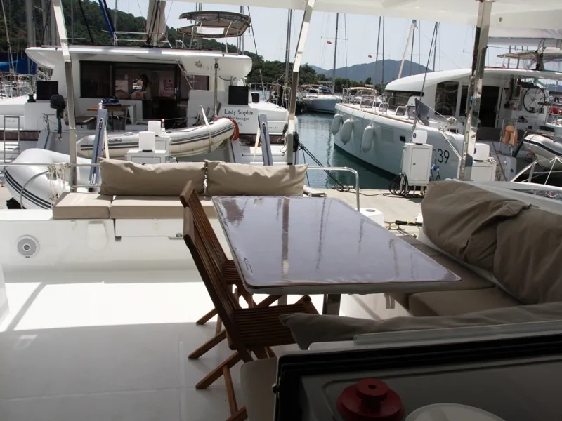 Deck of Sky Maria, a Fountaine Pajot Lucia 40 catamaran at Marmaris, Turkey