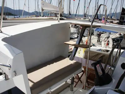 Deck of Sky Maria, a Fountaine Pajot Lucia 40 catamaran at Marmaris, Turkey