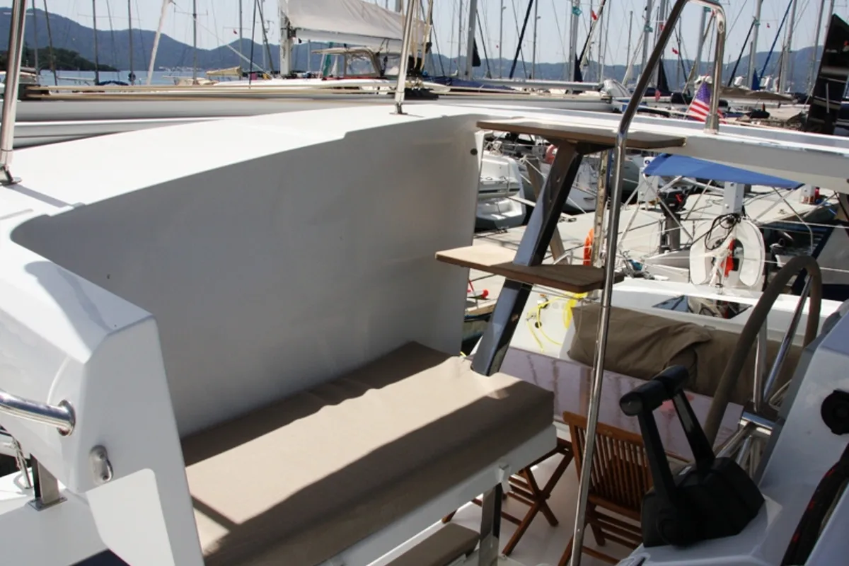 Deck of Sky Maria, a Fountaine Pajot Lucia 40 catamaran at Marmaris, Turkey
