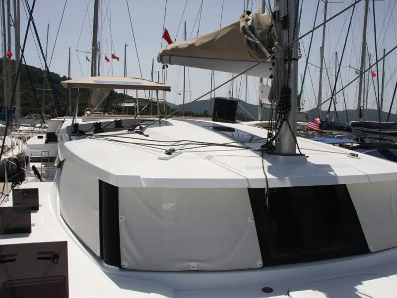 Deck of Sky Maria, a Fountaine Pajot Lucia 40 catamaran at Marmaris, Turkey