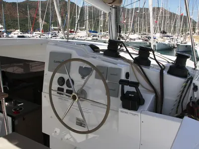 Cockpit of Sky Maria, a Fountaine Pajot Lucia 40 catamaran at Marmaris, Turkey