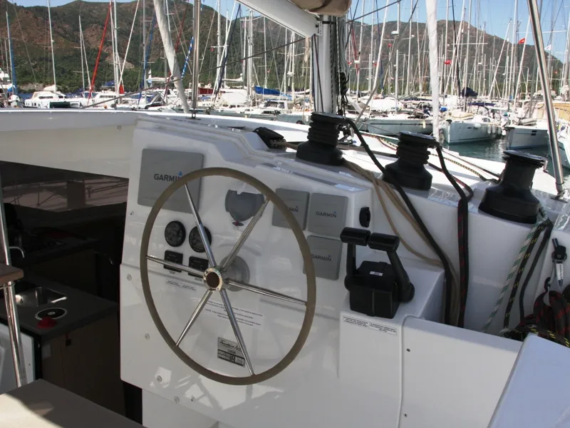 Cockpit of Sky Maria, a Fountaine Pajot Lucia 40 catamaran at Marmaris, Turkey