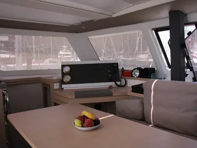 Salon of Sky Maria, a Fountaine Pajot Lucia 40 catamaran at Marmaris, Turkey
