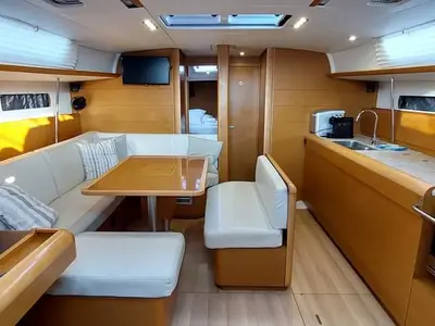 Salon of YOLO, a Jeanneau Sun Odyssey 479 sailboat at Municipal Unit of Lefkada, Greece