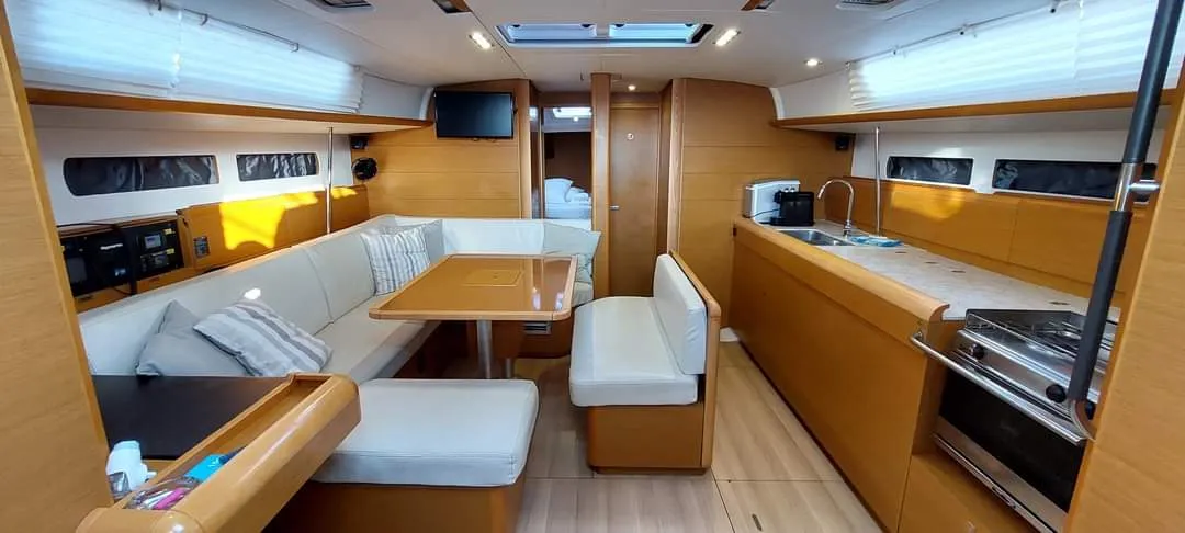 Salon of YOLO, a Jeanneau Sun Odyssey 479 sailboat at Municipal Unit of Lefkada, Greece