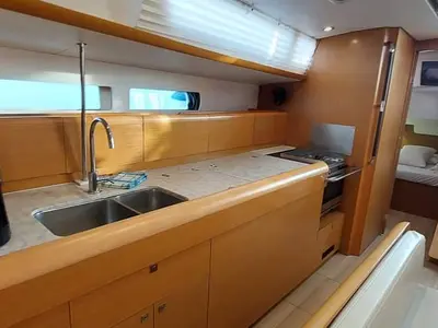 Galley of YOLO, a Jeanneau Sun Odyssey 479 sailboat at Municipal Unit of Lefkada, Greece