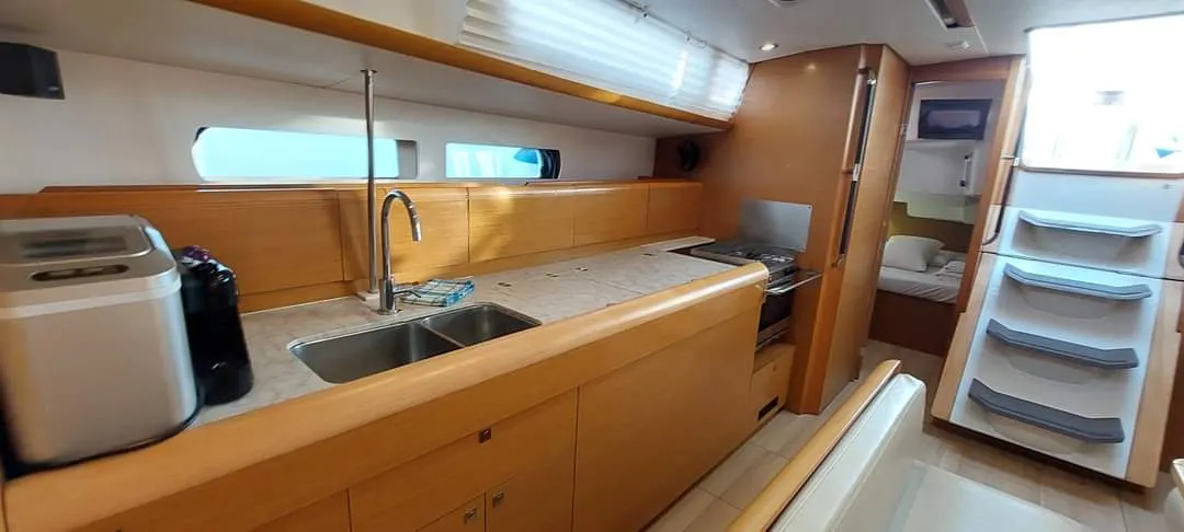 Galley of YOLO, a Jeanneau Sun Odyssey 479 sailboat at Municipal Unit of Lefkada, Greece