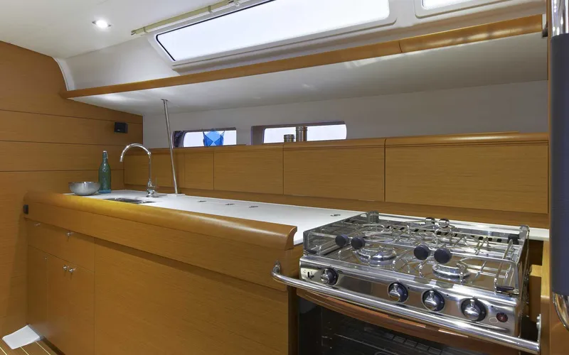 Galley of YOLO, a Jeanneau Sun Odyssey 479 sailboat at Municipal Unit of Lefkada, Greece