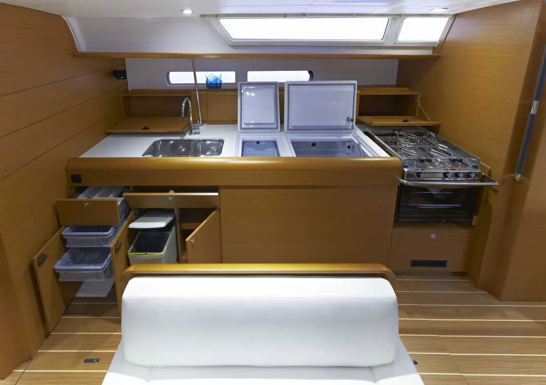 Galley of YOLO, a Jeanneau Sun Odyssey 479 sailboat at Municipal Unit of Lefkada, Greece