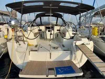 Cockpit of YOLO, a Jeanneau Sun Odyssey 479 sailboat at Municipal Unit of Lefkada, Greece