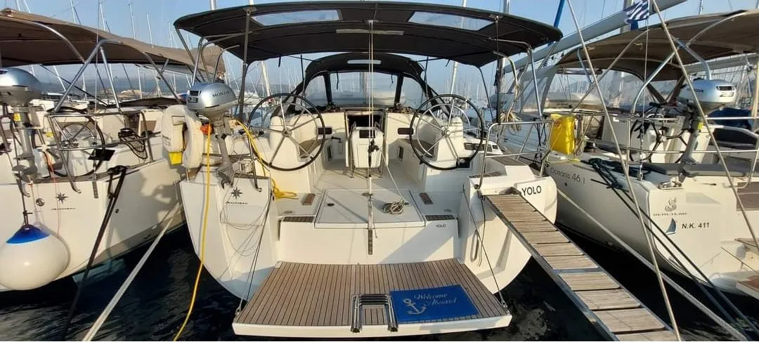 Cockpit of YOLO, a Jeanneau Sun Odyssey 479 sailboat at Municipal Unit of Lefkada, Greece