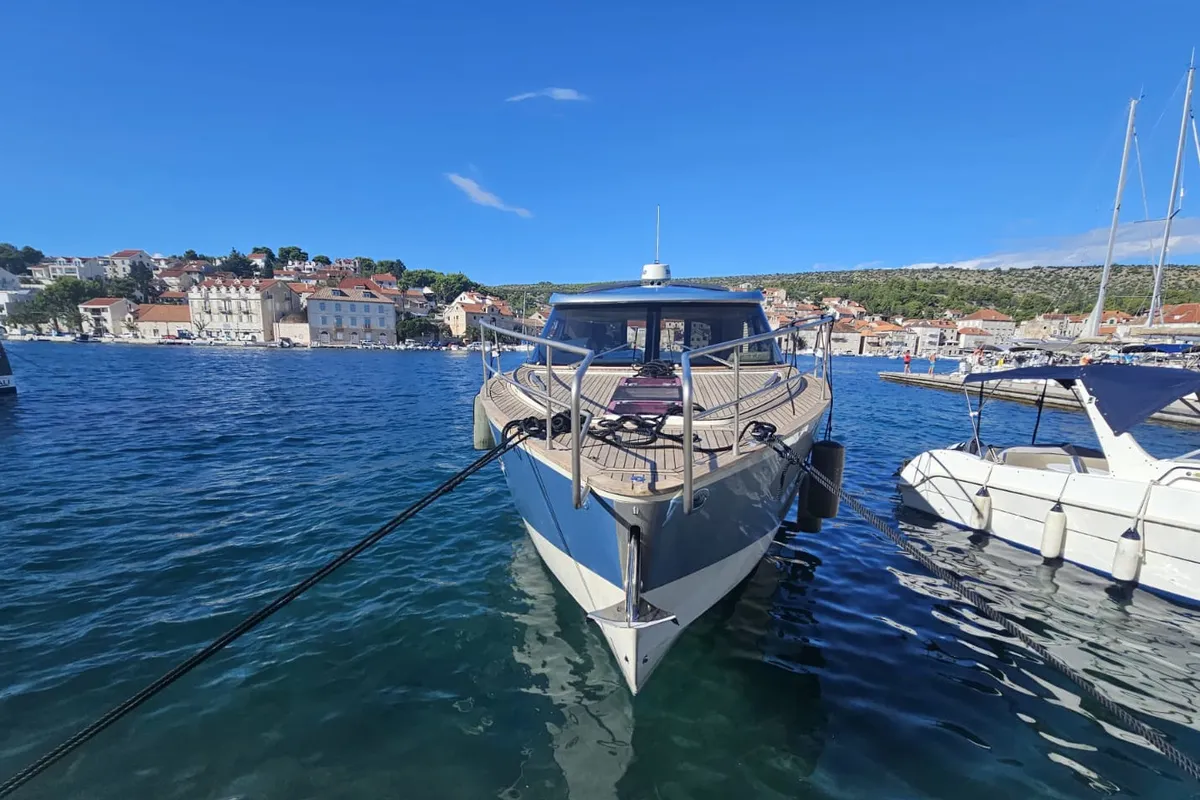 Exterior view of Brioni, a Brioni 44 motorboat at Split, Croatia