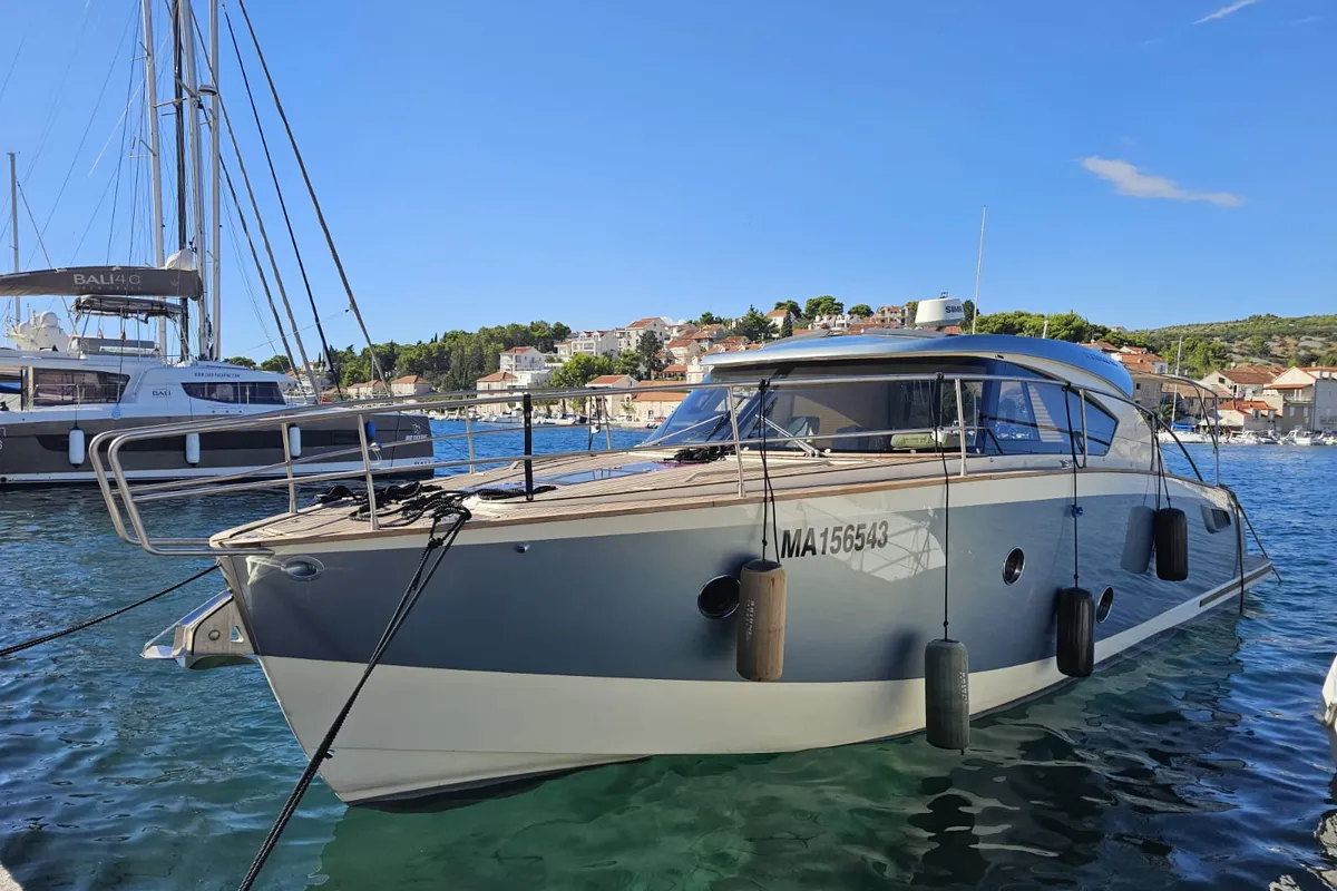 Exterior view of Brioni, a Brioni 44 motorboat at Split, Croatia
