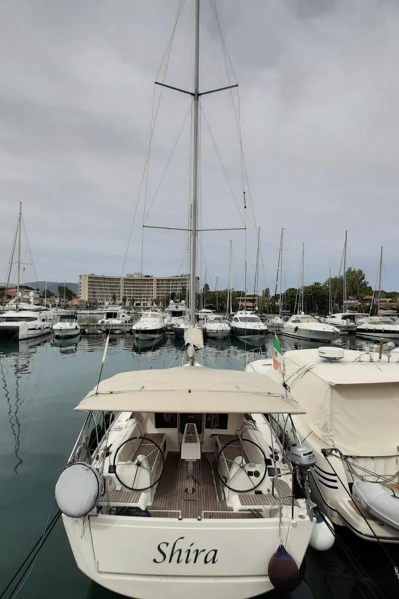 Exterior view of Shira, a Dufour 382 GL sailboat at Tonnarella, Italy