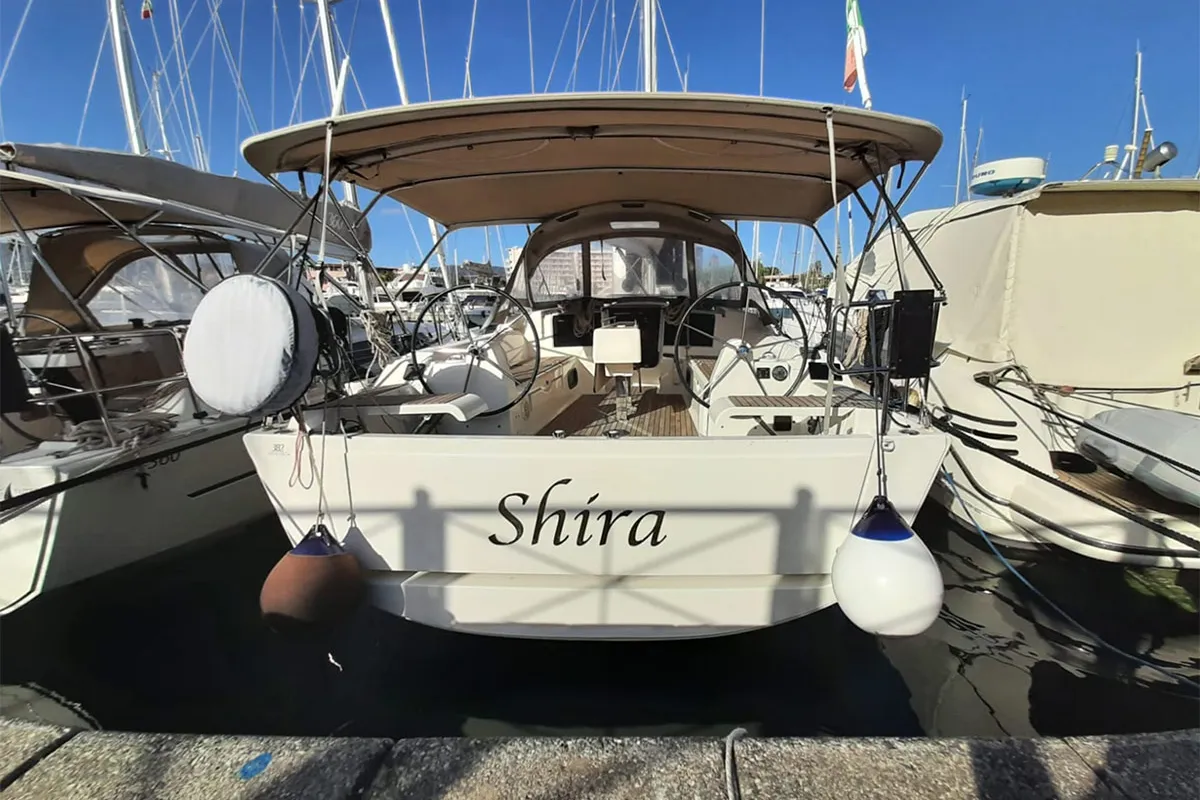 Exterior view of Shira, a Dufour 382 GL sailboat at Tonnarella, Italy