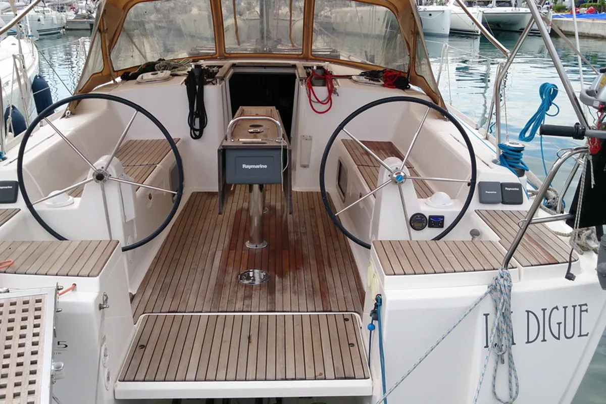 Cockpit of La Digue, a Dufour 405 sailboat at Grad Pula, Croatia