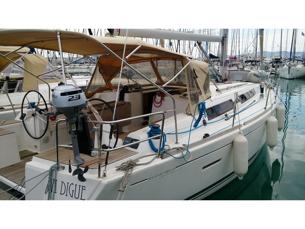 Exterior view of La Digue, a Dufour 405 sailboat at Grad Pula, Croatia