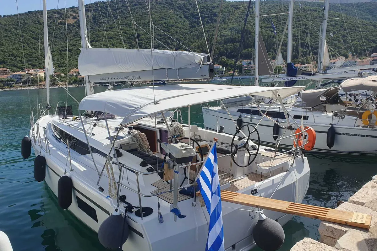 Exterior view of Lydia, a Bavaria C42 sailboat at Sikyona, Greece
