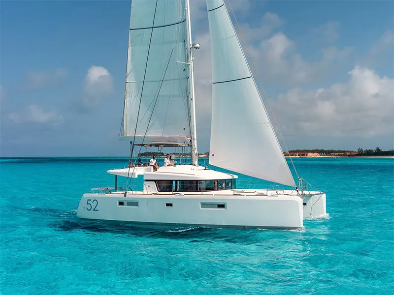 Exterior view of Dugongo II, a Lagoon 52 catamaran at English Harbour, Antigua and Barbuda