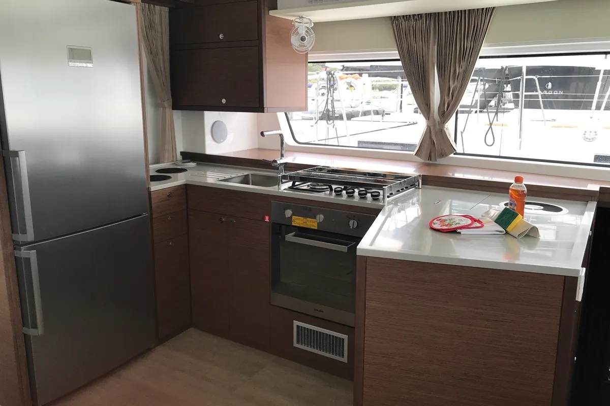 Galley of Dugongo II, a Lagoon 52 catamaran at English Harbour, Antigua and Barbuda
