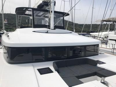 Deck of Dugongo II, a Lagoon 52 catamaran at English Harbour, Antigua and Barbuda