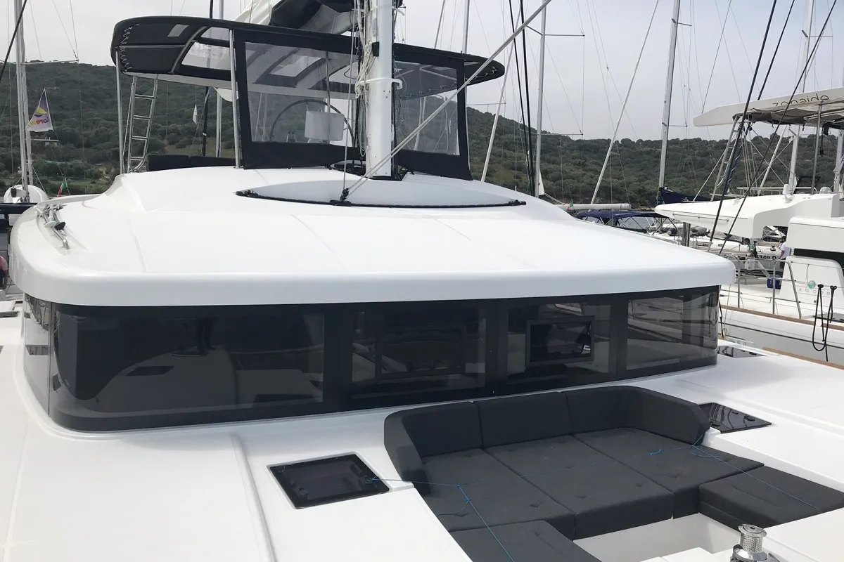Deck of Dugongo II, a Lagoon 52 catamaran at English Harbour, Antigua and Barbuda