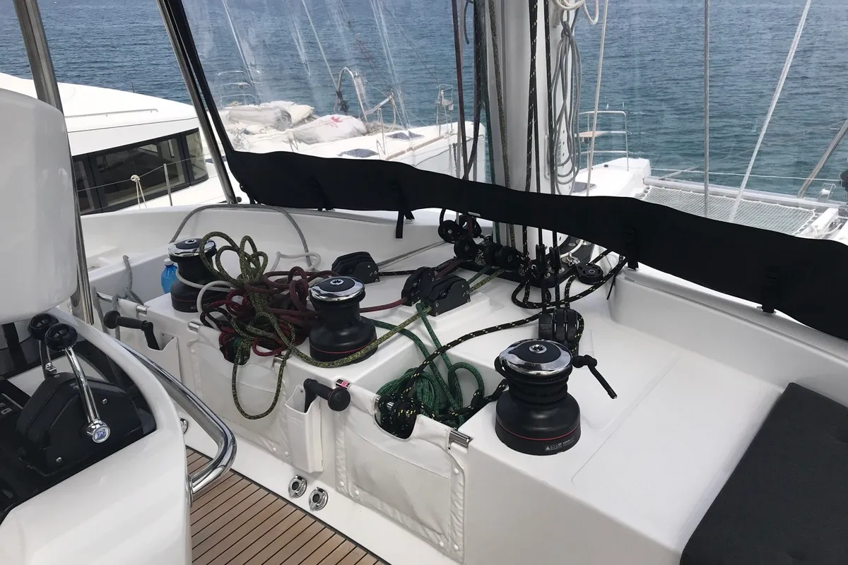 Cockpit of Dugongo II, a Lagoon 52 catamaran at English Harbour, Antigua and Barbuda