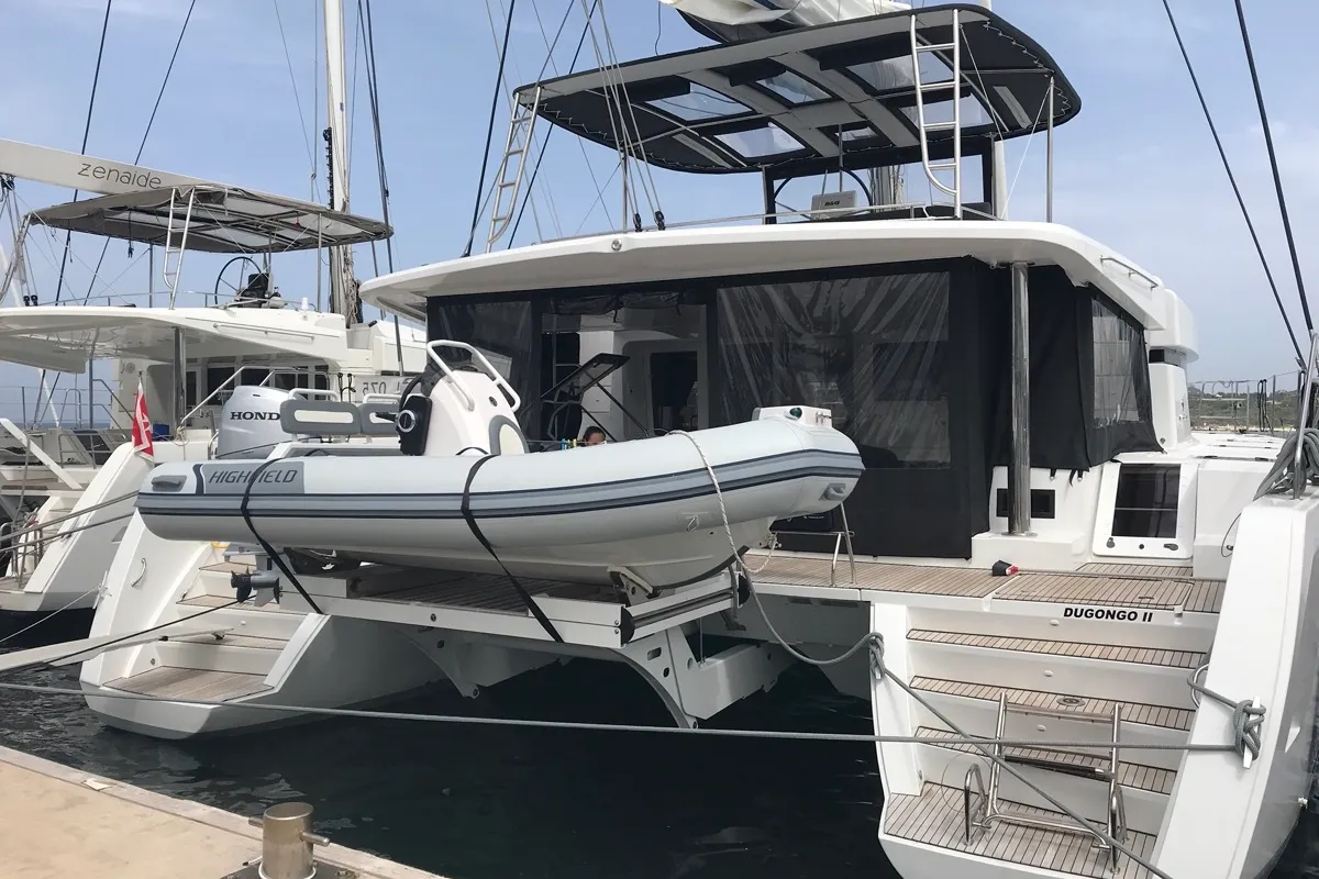 Exterior view of Dugongo II, a Lagoon 52 catamaran at English Harbour, Antigua and Barbuda