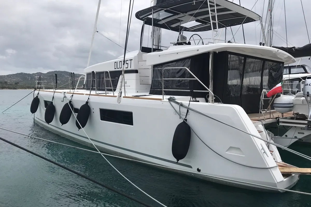 Exterior view of Dugongo II, a Lagoon 52 catamaran at English Harbour, Antigua and Barbuda