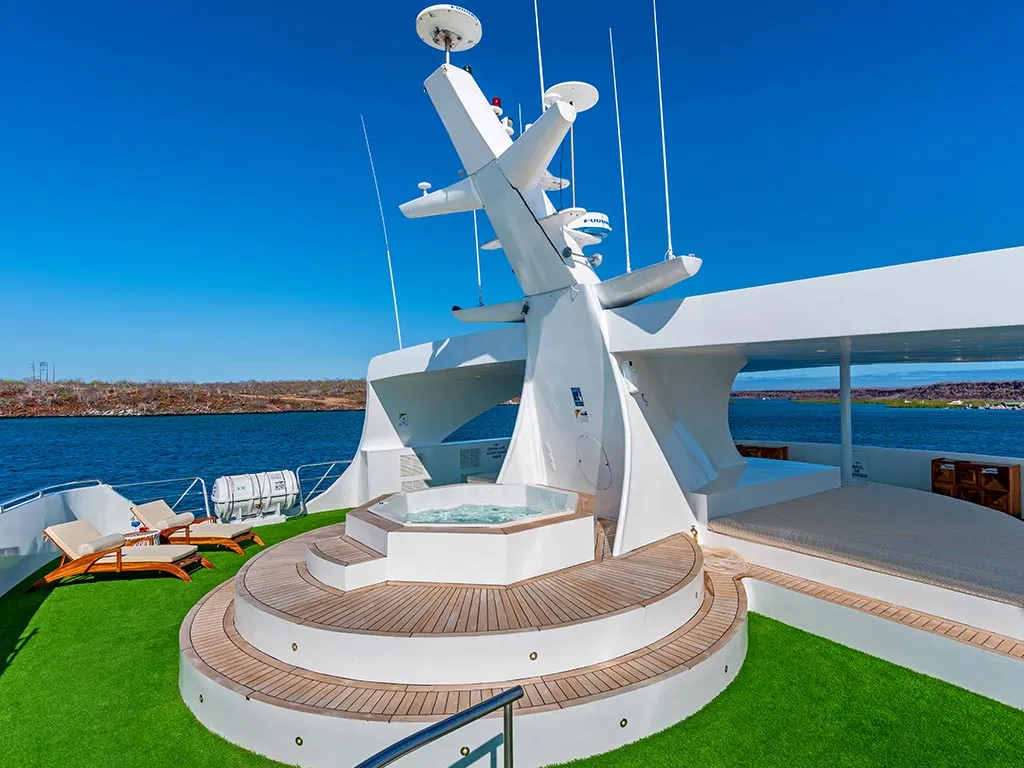 Deck of Ocean Spray, a Gulet Power Catamaran catamaran at Parroquia Puerto Baquerizo Moreno, Ecuador