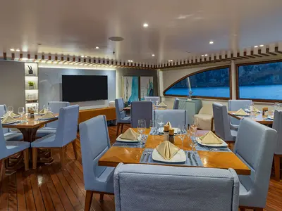 Salon of Ocean Spray, a Gulet Power Catamaran catamaran at Parroquia Puerto Baquerizo Moreno, Ecuador