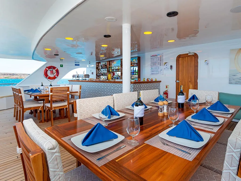 Deck of Ocean Spray, a Gulet Power Catamaran catamaran at Parroquia Puerto Baquerizo Moreno, Ecuador