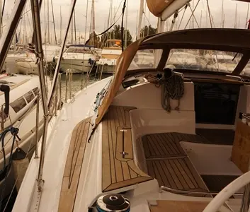 Deck of Dimitra, a Elan Impression 50 sailboat at Kontokali, Greece