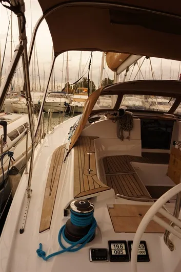 Deck of Dimitra, a Elan Impression 50 sailboat at Kontokali, Greece